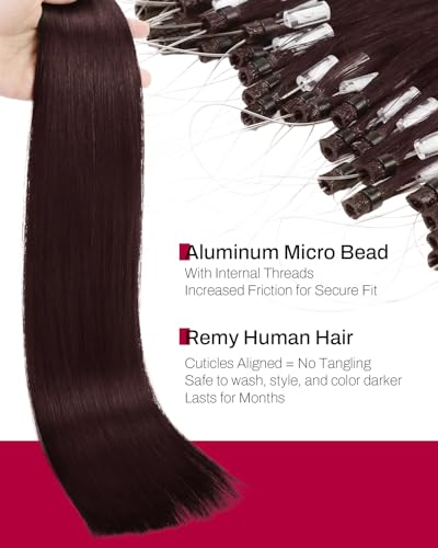 Image of Moresoo 18 Inch Micro Loop Hair Extensions Human Hair, Wine Red | 50g 50 strands, individual strand extensions micro beads, deep burgundy dimension, buildable volume, parties, social events