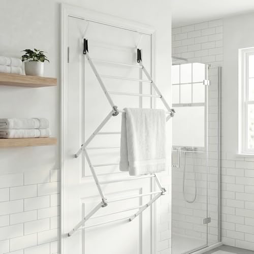 OHS Over Door Airer White Hanging Foldable Drying Rack Laundry Towels Clothes Airer Sturdy Easy to Pull and Open 5m Over Door Clothes Drying Rack Indoor Small Space 125 x 50 x 28cm