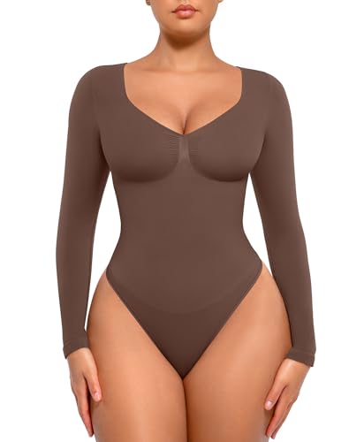 FeelinGirl Tummy Control Bodysuit with V Neck Women Long Sleeve Breast Support Going Out Tops Chocolate L