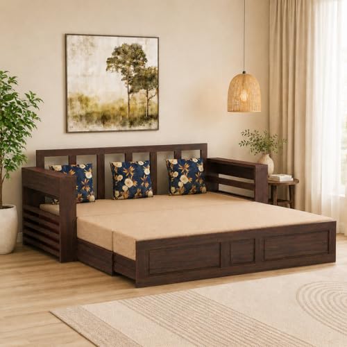 Image of Ganpati Arts Solid Sheesham Wood 3 Seater Lurid Sofa Cum Bed with Side Pocket for Living Room Bed Room | Wooden Bedroom Furniture for Home (Walnut Finish)