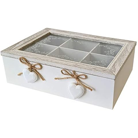 Aufbewahrungsbox Herz Teebox Holzbox mit Deckel Vintage-Stil 22x18x7cm Weiß Cover