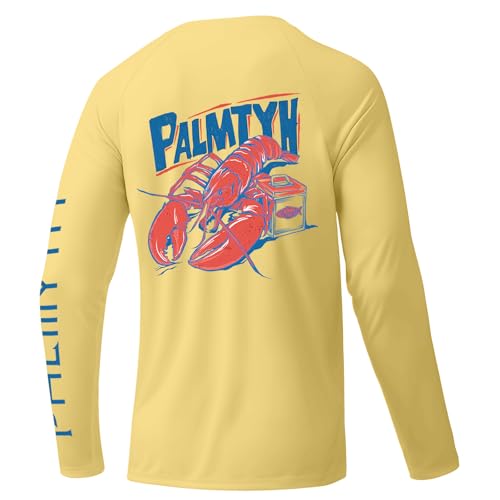 Palmyth Mens Fishing Shirts Long Sleeve Sun Protection Shirts UPF 50+ Rash Guard T-Shirt Tee Yellow Lobster XL