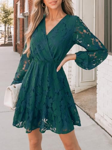 CUPSHE Women Elegant V Neck Lace Peasant Sleeve Mini Summer Dress Elastic High Waist A Line Casual Wedding Guest Dress4