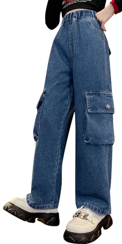 Happy Cherry Girls Casual Denim Pants High Waist Flare Leg Jeans with Pocket Ripped Frayed Split Bottom Jeans 5-14 Years