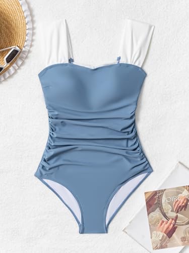 Image of B2prity Womens One Piece Swimsuit Retro Square Neck Tummy Control Bathing Suits Ruched Modest Full Coverage Swimwear
