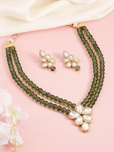 Image of Peora Crystal Faux Pearl Kundan Necklace & Jewellery Set Gift for Women