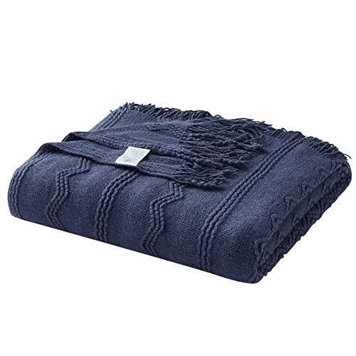 Bourina Throw Blanket Textured Solid Soft Sofa Throw Bed Runner Couch Cover Knitted Decorative Blanket Bed Runner,50"X90" Navy #TOP5