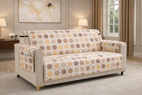 Image of Printed Quilted Sofa Mat for 3 Seater - Floral Design Slipcover with Armrest, Pockets on Both Sides, Fully Covered Sofa Protector - Multicolor