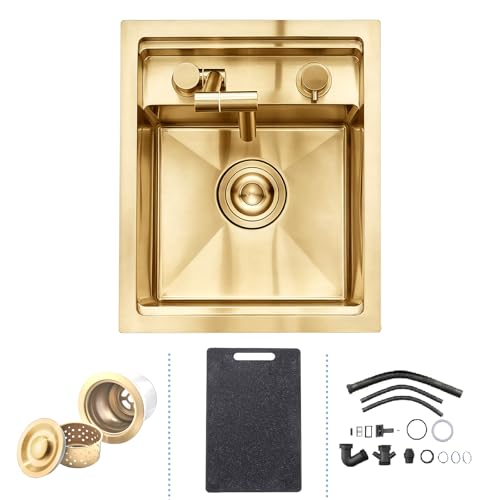 Gold Versteckter Küchenbar Spüle mit Klappbarem Wasserhahn, 35 x 45 cm, Gold Kleine Küchenspüle aus Edelstahl, Einbauspüle mit Schneidebrett, Siebkorb, Überlaufset