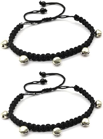 ARTIFICIAL TREE German Silver Ghungroo Charms Black Thread Adjustable Anklet for Women and Girls (AT ANK 034), ADJUSTABLE, German Silver, No Gemstone