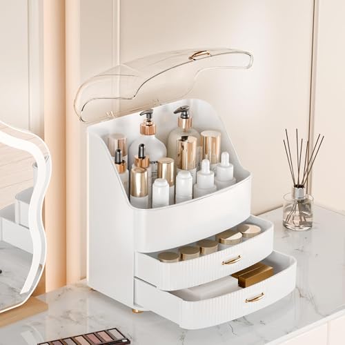 Image of Makeup Organizer Countertop Vanity with Transparent Lid Drawers Waterproof Dustproof Cosmetic Skincare Bathroom Storage Gift for Women Teens Girls (White)
