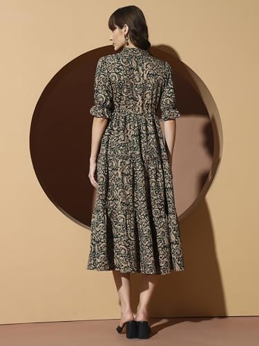 Image of KZULLY | Dress for Women | Midi Dress | Floral Printed | Polyester Fabric | Bell Sleeve Ethnic A-Line | Tiered Fit & Flare | Casual & Festive