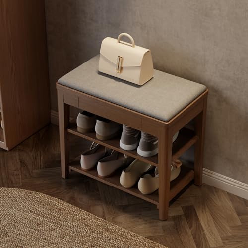 YQJJGL Small Shoe Bench with Storage, Wooden Shoe Storage Bench with Cushion&Hidden Drawer, 2-Tier Shoe Rack Bench for Entryway, Mudroom, Hallway