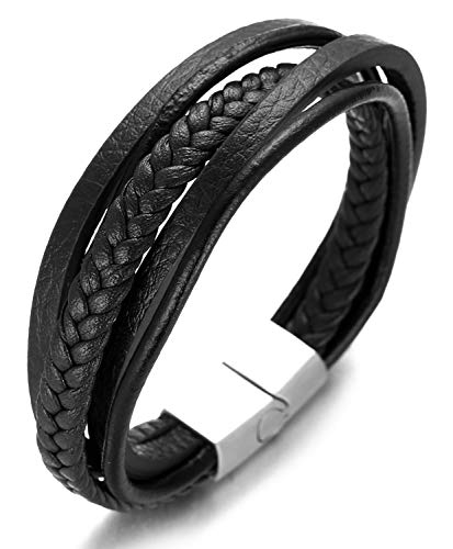 HALUKAKAH Básico ● Viaje DE Carretera ● Hombres Cuero Genuino Negro Multicapa Pulsera Cierre Magnético de Titanio Acero Inoxidable Plata 8 (20.5cm) con CajaDeRegaloGRATIS