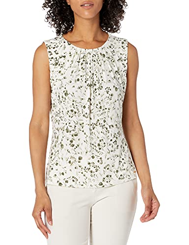 Calvin Klein Women's Pleat Neck Sleeveless Blouse Shirt, Green, XL