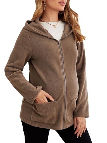 Image of MakeMeChic Women's Babydoll Wearing Fleece Zip Up Hoodie Maternity Kangaroo Hooded Jacket Coat Mocha Brown L