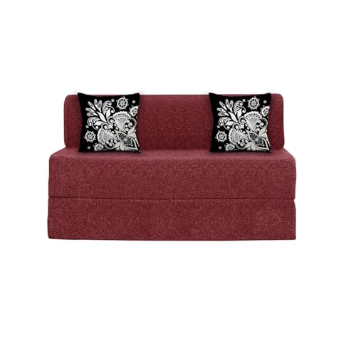 Image of Rosebell Two Seater Sofa Cum Bed | Jute Fabric Washable Cover | with Cushions Perfect for Guest | Red-Color | 4' X 6' Feet