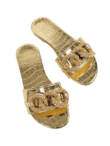 GORGLITTER Women's Metallic Chain Flat Sandals Open Toe Slip on Dressy Summer Slides