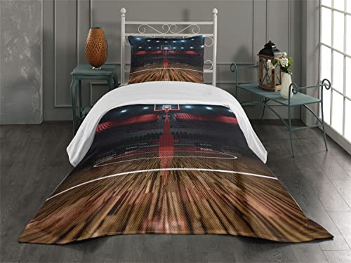 Ambesonne Teen Room Coverlet, Professional Basketball Arena Stadium Before The Game Championship Sports Image, 2 Piece Decorative Quilted Bedspread Set with 1 Pillow Sham, Twin Size, Black Magenta