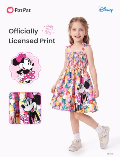 Image of Disney Princess Frozen Elsa Minnie Stitch Toddler Girl Dress Bow Tie Straps Smocked Summer Outfit Birthday Party Clothes 2-9Y