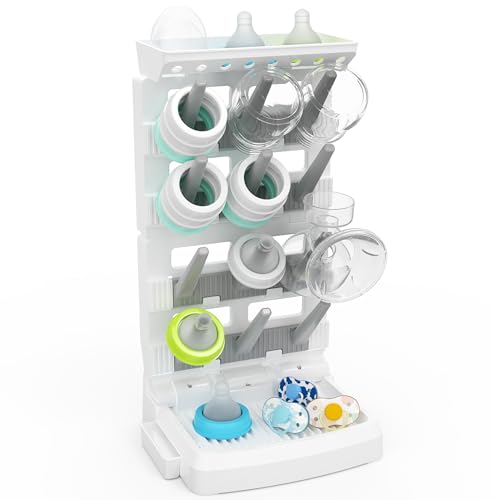Image of CINWWNI Baby Bottle Drying Rack for 12 Bottles, Space Saving Countertop Vertical Standing Bottle Dryer Rack for Baby Accessories & Pump Parts (Large White&Grey)