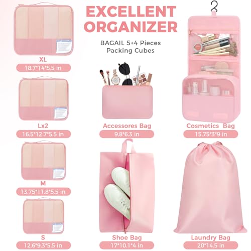 Image of BAGAIL 9 Set Packing Cubes with Packing List Luggage Packing Organizers for Travel Accessories (Pink)