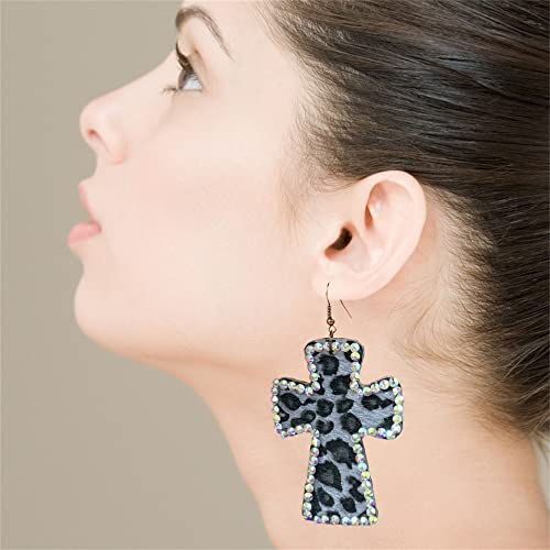 Vintage Leather Cross Dangle Earrings for Women Girls Leopard Print AB Crystal Statement Drop Dangling Hook Stud Earring Boho Lightweight Exaggerated Jewelry (Black)2