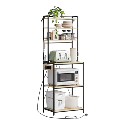 WOLTU Estantería Cocina con Enchufes, Soporte para Microondas, 6 Estantes y 6 Ganchos, Estanteria Almacenaje para Cocina Baño Salón, Metal+Madera, Negro+Roble Claro, 60x39,5x167 cm