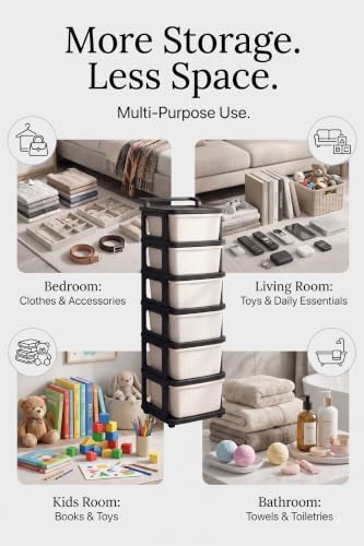 Image of Heavy Duty Plastic Storage Drawer with Wheels | Modular Cabinet for Bedroom, Office, Home or Classroom| Chest of Drawers Organiser for Cosmetics, Kitchen items, Toys (White & black, 6)