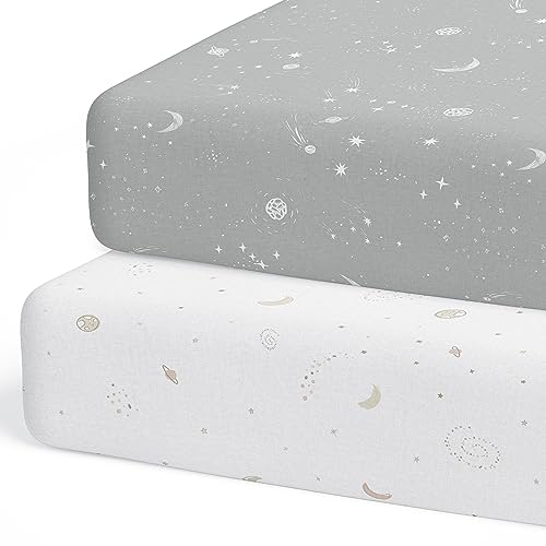 Image of Sorrel + Fern 2-Pack Crib Sheet for Standard Crib Mattress (Galaxy, Moon and Stars) - Premium Fitted Sheets - Buttery Soft Cotton Blend