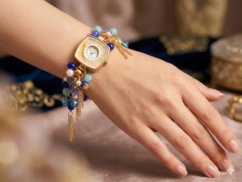 Image of Vibrant Volt Traditional Kashmiri Style Gold-Plated Bracelet Watch for Women - Ethnic Meenakari & Pearl Studded Bangle Watch with Adjustable Chain