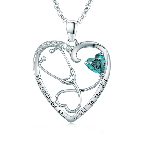 Stethoscope Necklace for Women, 925 Sterling Silver Stethoscope Nurse Heart Pendant Necklace, Graduation Gifts Medical Jewelry for Doctor Nurse RN