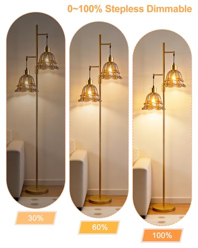Image of 2-Light Modern Glass Floor Lamp, Gold Tall Standing Lamp with Amber Tulip Glass Shade for Reading, Dimmable LED Floor Lamp with Rotary Switch for Living Room Bedroom Home Decor, Bulb Included
