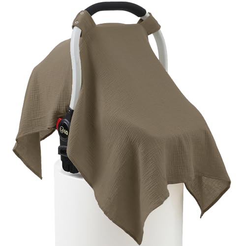 Image of 100% Muslin Cotton Car Seat Cover Baby, Carseat Canopy Cover, Universal Fit Stroller Covers for Boys and Girls (Coffee)