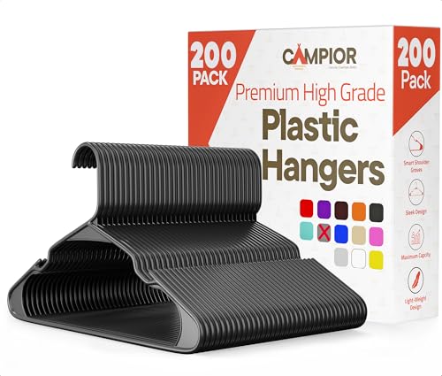 Gray Plastic Hangers 200 Pack– Heavy-Duty Plastic Hangers Slim and Space-Saving, Durable and Lightweight PP with Non-Slip Shoulder Notches for Slip Dresses, Suits, Jackets & Camisoles by Campior - Used condition - US$44.09