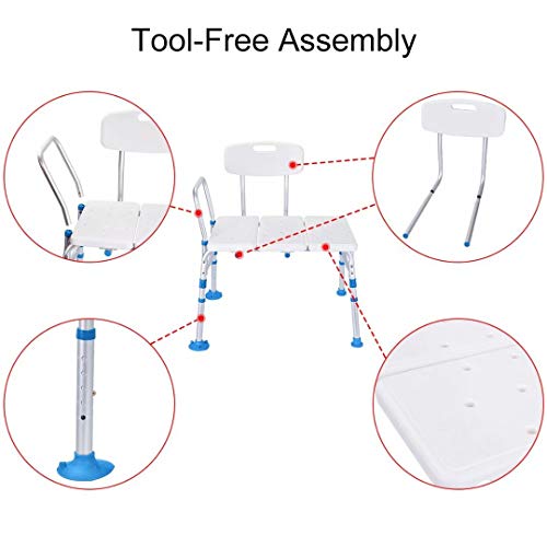 Health Line Massage Products Tool-Free 400 lbs Transfer Bench, Adjustable Shower Tub Bath Chair w/Reversible Back and Non-Slip Feet for Elderly, Disabled, Seniors & Bariatric - Free Back Scrubber