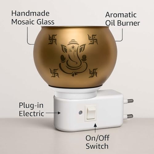 Image of Kapur Dani Camphor Electric Diffuser for Home Fragrance /Kapoor Dani Night Lamp Multi Functional Essential Oil Camphor Burner Diffuser Electrical with On /Off Switch (Ganpati & Swastik)