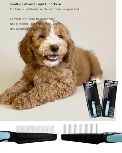 LeileiPaws Entwirrkamm & Breitzahnkamm für Hunde & Katzen – Fellpflegekamm gegen Knoten, lose Haare & Schmutz – Edelstahlzähne, ergonomischer Anti-Rutsch-Griff, für Langhaar & Lockiges Fell Haustiere