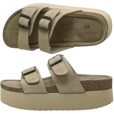 SOBEYO Women's Cork Footbed Sandals Platform Cow Suede Double Straps Bucklers Slip-on Flatform Comfort Flip Flops Beige Suede Size 10/41 Cover