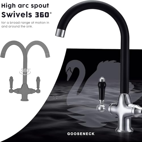 Kitchen Mixer Sink Tap with Black Ceramic Dual Lever Traditional Monobloc Kitchen Faucet with 360 Swivel Spout Chrome and Matte Black Victorian Style Mixer Taps 1 Hole Vintage - Image 3