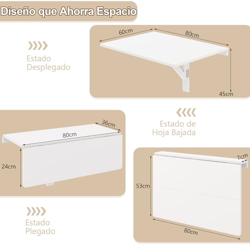 GYMAX Mesa Plegable de Pared de 80 x 60 cm, Carga 20 kg, Escritorio Plegable Pared Pino para Ahorrar pequeños Espacios, Mesa Comedor para Comedor, Habitación, Estudio (Blanco) - imagen 8