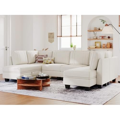 Belffin Sectional Couch with Storage Ottoman, U Shaped Sectional Sofa Couch, Convertible Set of 6 U-Shape Sectional Couch for Living Room, Beige