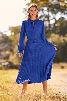 PRETTYGARDEN Women's 2025 Spring Fall Midi Dress Casual Long Sleeve V Neck  Swiss Dot Pleated A Line Flowy Dresses, Blue, S : Buy Online at Best Price  