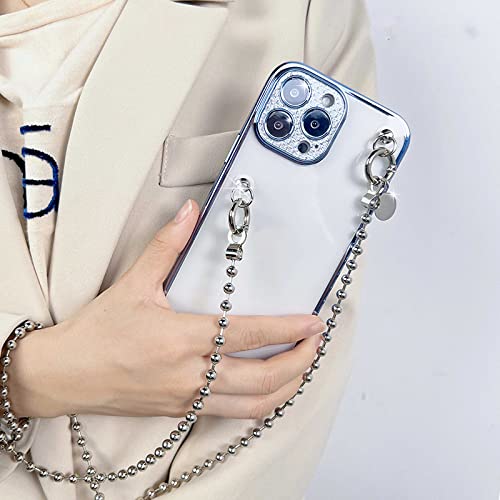 Étui iPhone 14 Plus avec chaîne métal bleu coque cordon transparent protecteur