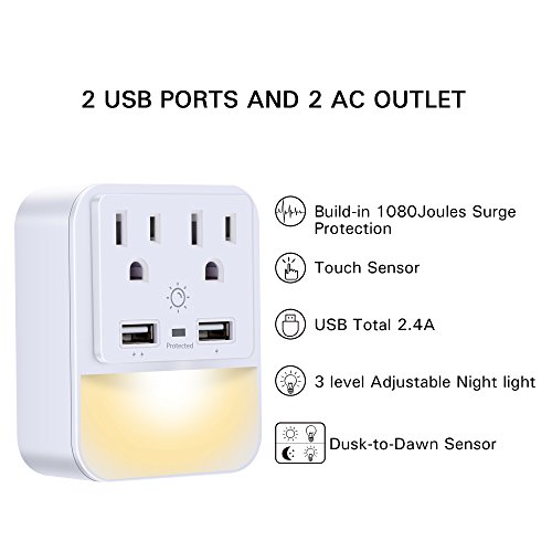 USB Wall Charger, Outlet Adapter, POWRUI 2-Pack Surge Protector(1080 Joules) with Dual USB Charger Ports(2.4A Total), Dual Outlet Extender and Dusk-to-Dawn Sensor Night Light, White, ETL Certified