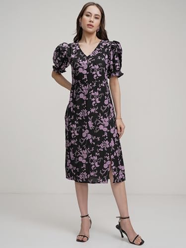 Image of Tokyo Talkies Women's Floral Midi Dress | A-line| V-Neck | Short Puff Sleeves & Playful Silhouette | Chic & Effortlessly Feminine