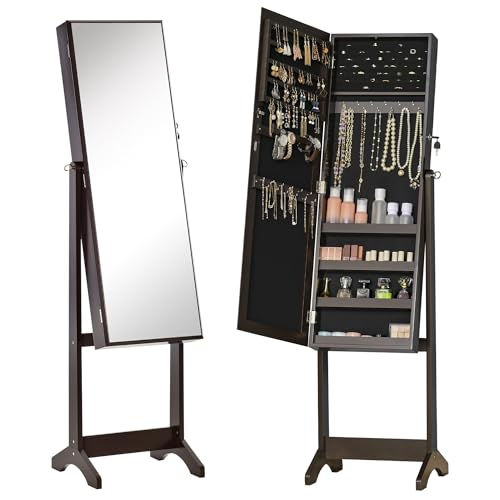 HOMCOM Armario para joyas con espejo de pie, multialmacenamiento, inclinación ajustable, cerradura dim. 46 x 36,5 x 151,5 cm de madera marrón