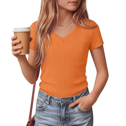 LessonZoo Girls Shirts Short Sleeve V Neck Ribbed Slim Fit Kids Tops Comfy Cute Summer Teen Girl Basic Tees(Milky Orange 11-12 Years)