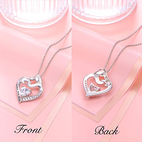 925 Sterling Silver Mother And Child Pendant With Message Love You More Cubic Zirconia Heart Necklace For Women Mother Daughter, Adjustable Silver Chain 18+2 Inches New Mum Gifts (Love You More) #TOP5