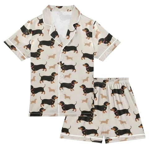Black Dachshund Pattern Summer Satin Pajama Set, Cute Button-Down Sleepwear Pj Set for Sleep Wears